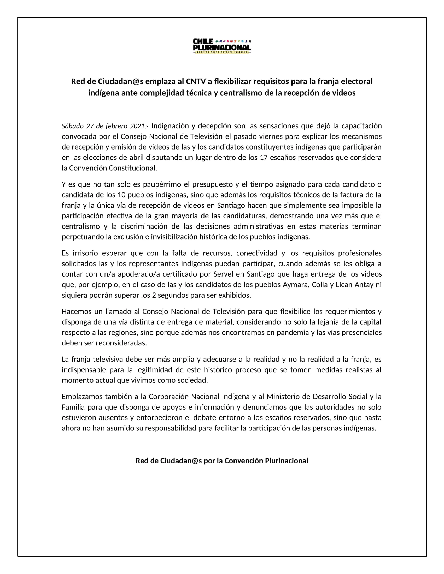 Declaración Red de Ciudadanos por la Convención Plurinacional ante requisitos de Franja Electoral
